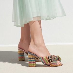 Loeffler Randall Penny Pleated Metallic Slide Sandals Rainbow Stripe